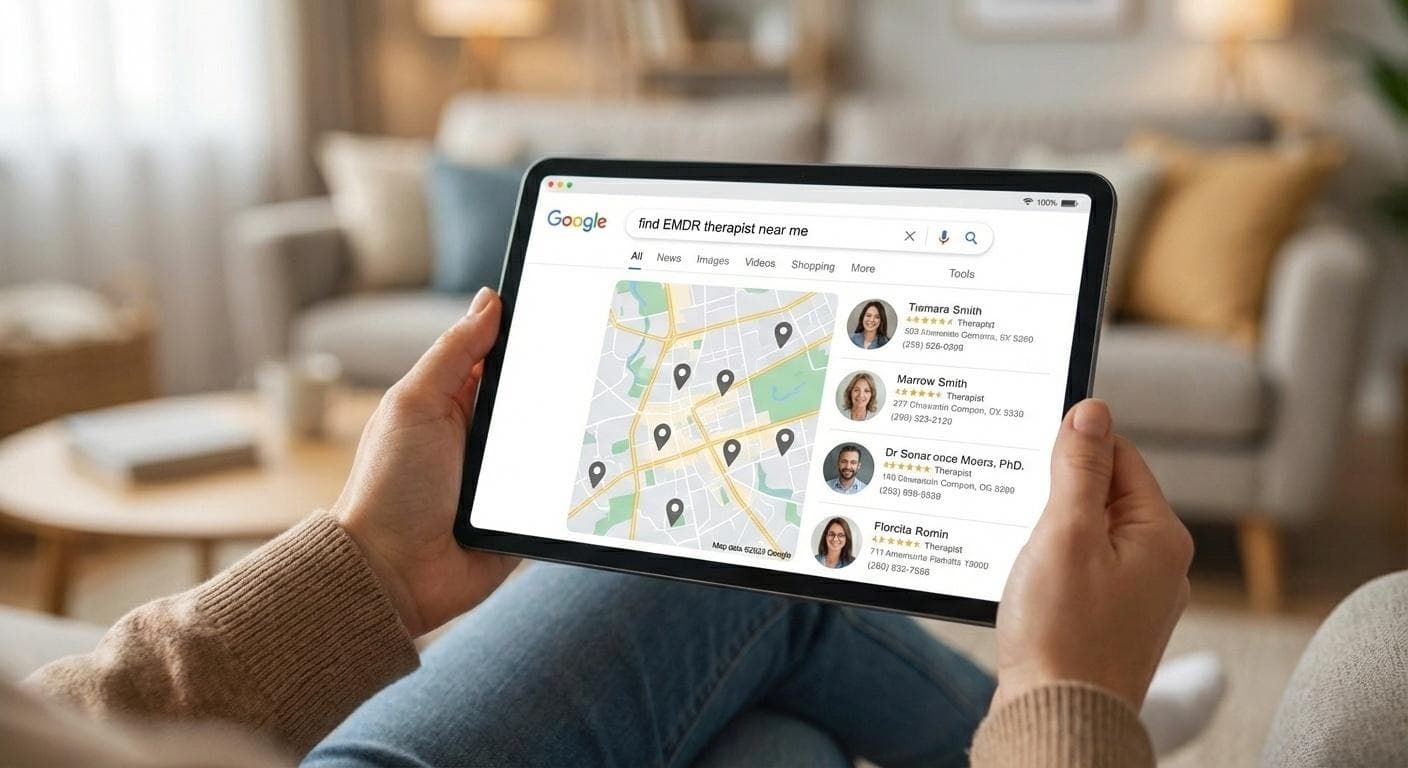 A photograph of a person holding a tablet searching for "EMDR therapist near me".