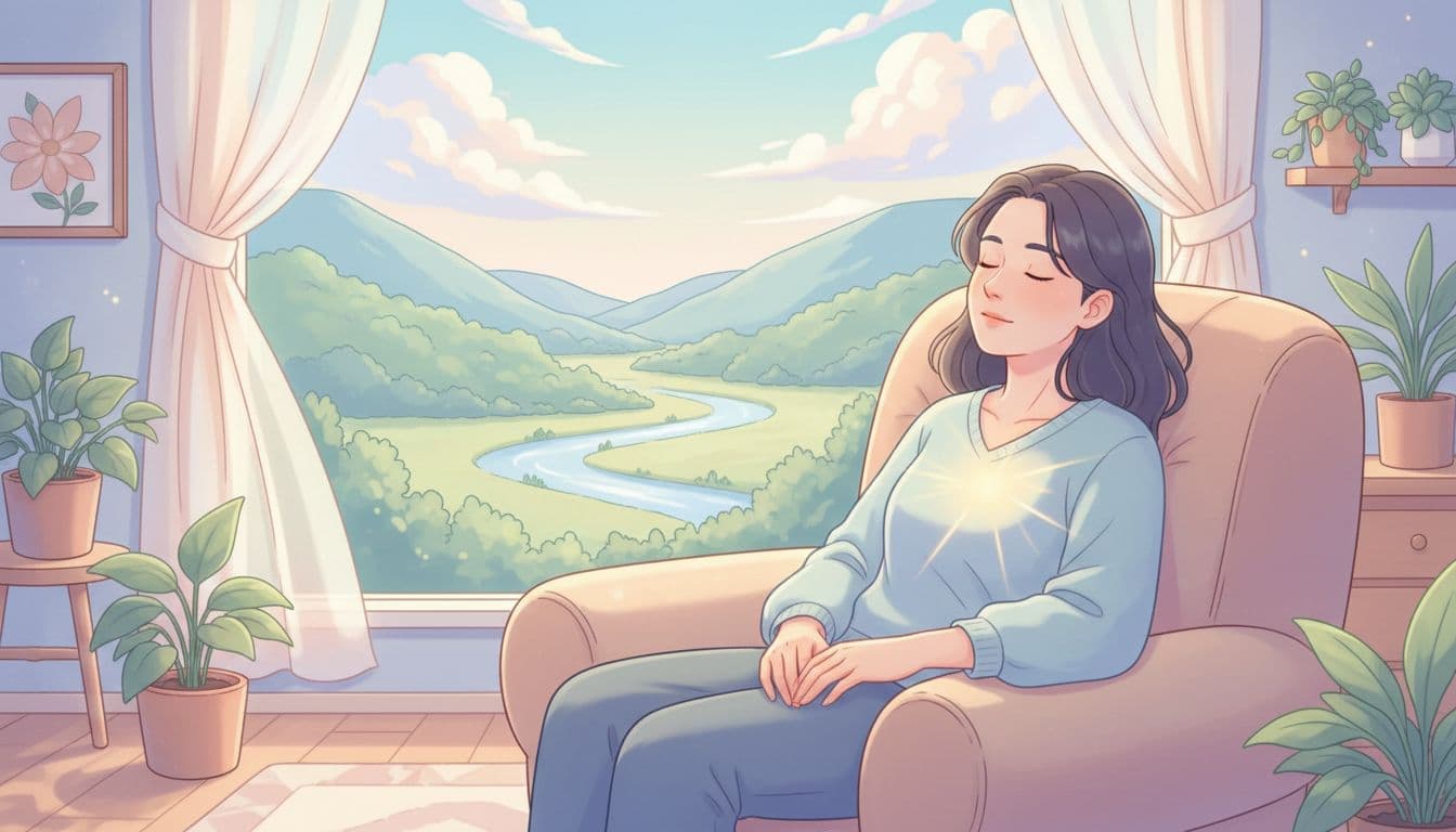 An illustration of a person sitting in a chair in a calm, grounded moment that reflects nervous system relief.