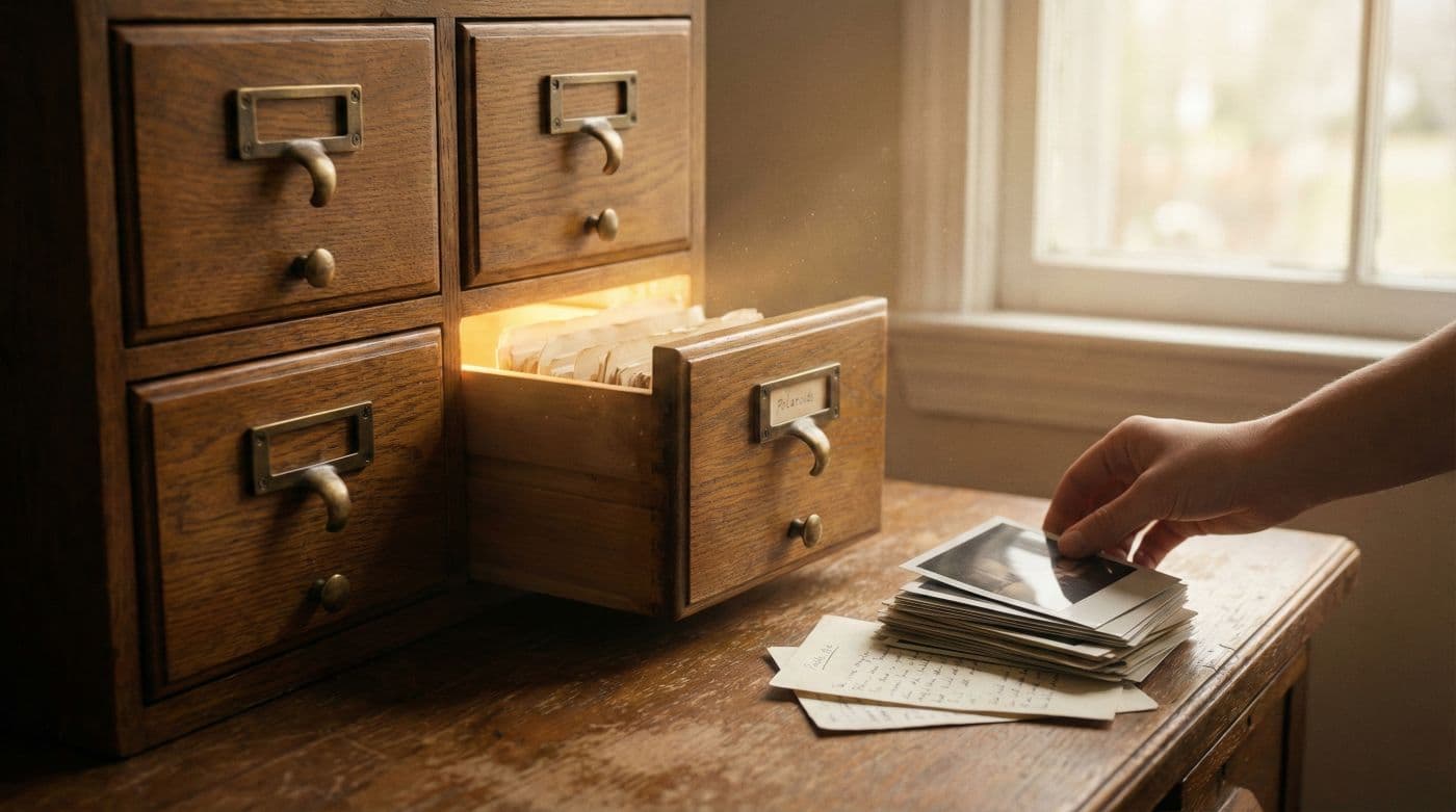 A photo of an antique wooden filing cabinet where one drawer is slightly open, emitting a soft, warm light, while other drawers are neatly closed. Next to it, a stack of Polaroids and handwritten notes are being organized by a gentle hand. Soft focus, warm morning light, cinematic depth of field, representing mental organization and peace.