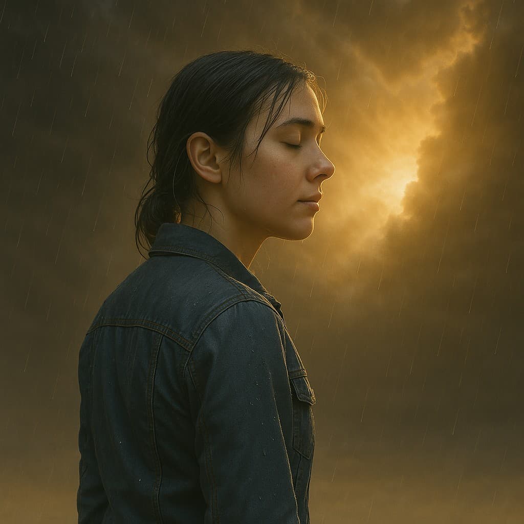 Dark rain clouds parting to reveal light, representing the path through depression toward hope