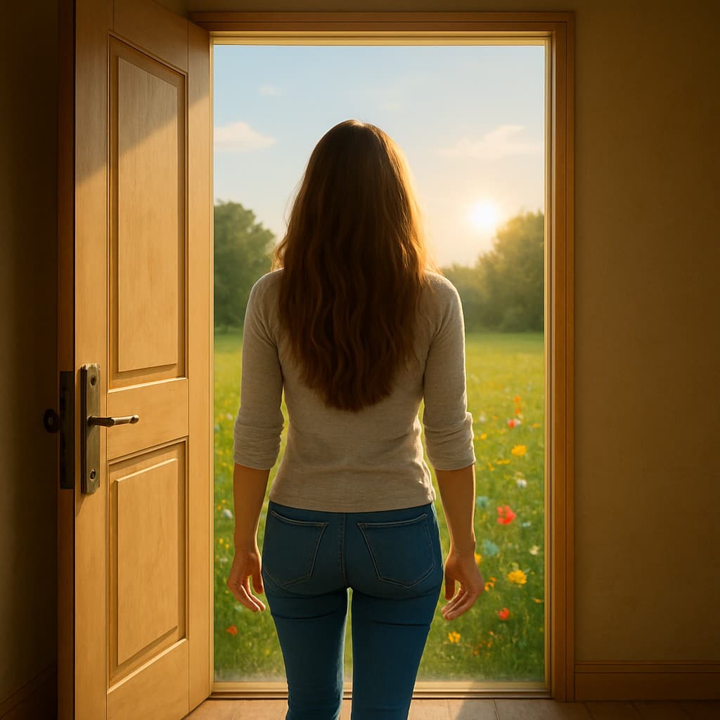 Person stepping outside into sunlight, symbolizing the journey from trauma toward healing
